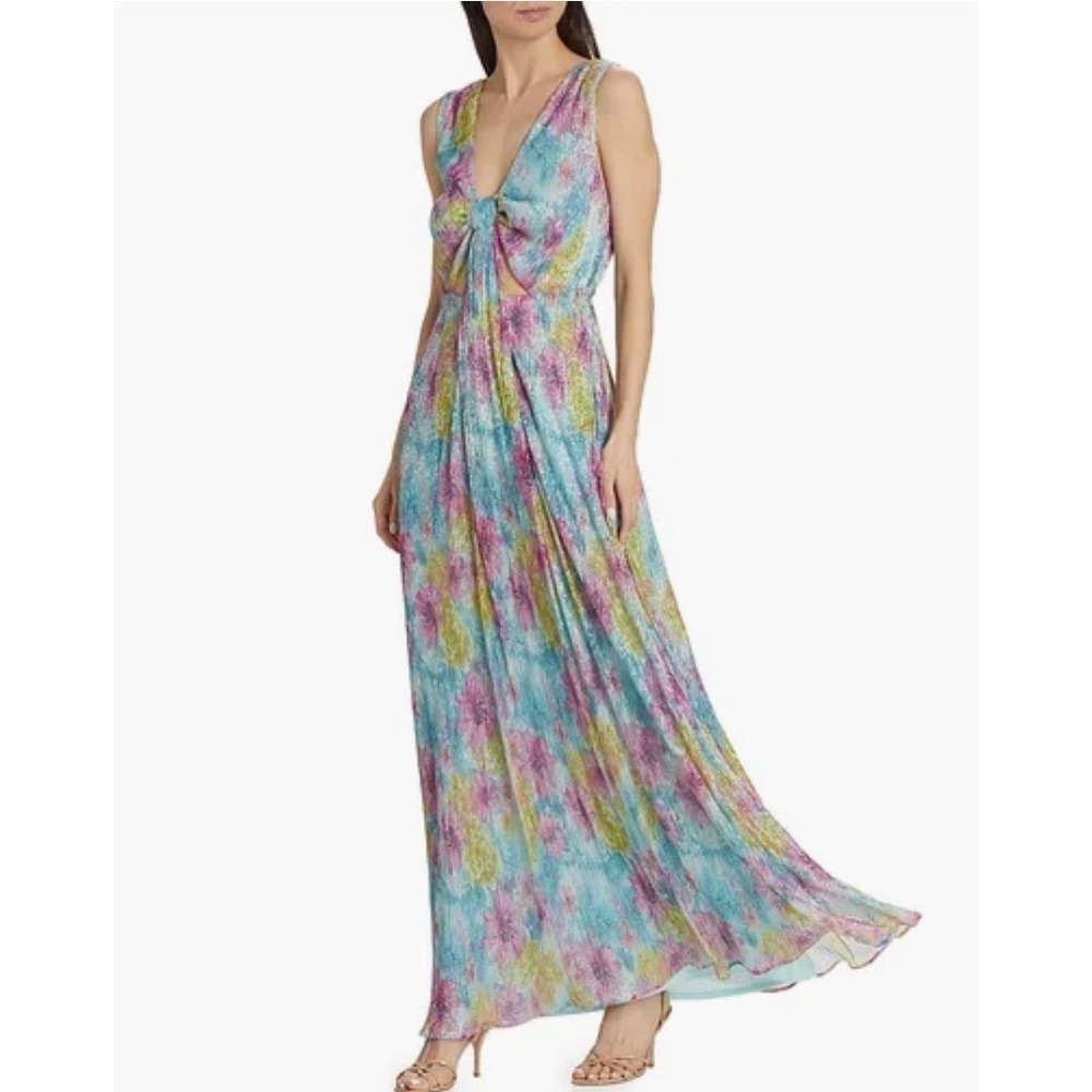 Ramy Brook Watercolor Metallic Knotted Bust Maxi Dress Blue Pink Size 16 Luxery